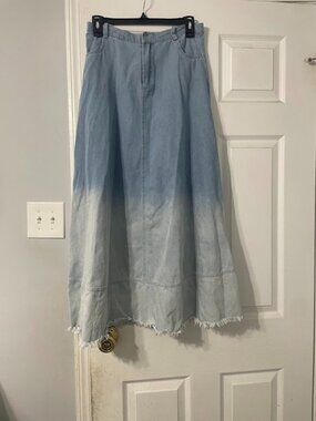 Ombre Maxi Denim Skirt with Frills No Back Pockets